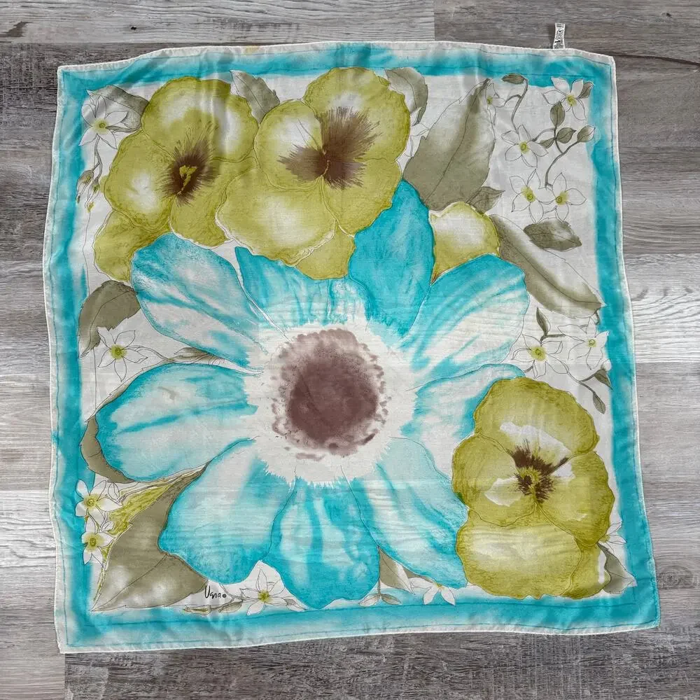 Vintage Vera Neumann 70s Silk Scarf Blue Floral Square Signed Retro Watercolor